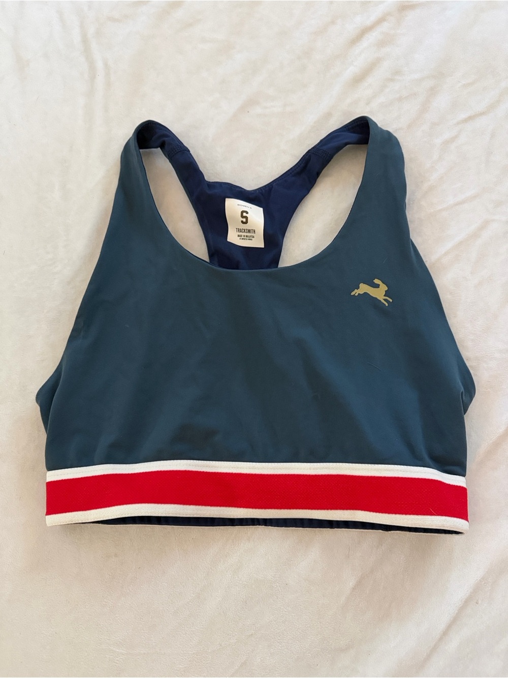 Tracksmith Teal Racerback Sports Bra with Red & White Stripe